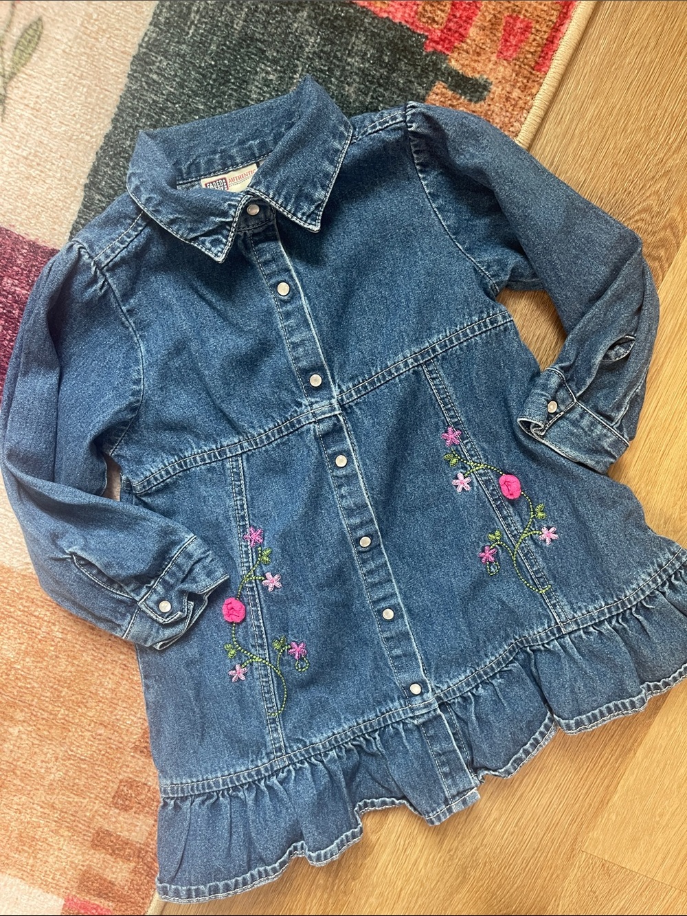 Vintage Faded Glory Denim Girls' Dress with Pink Floral Embroidery